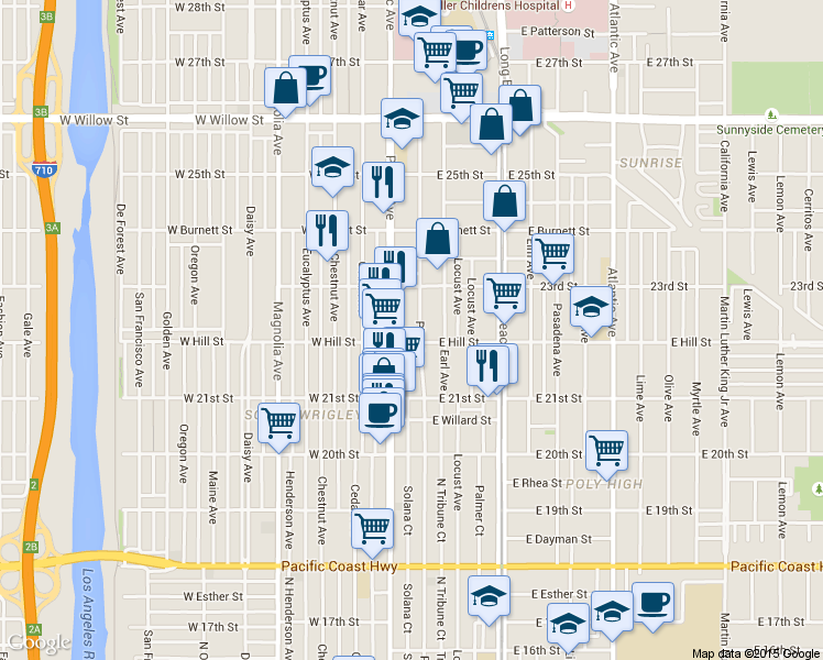 map of restaurants, bars, coffee shops, grocery stores, and more near 2250 Pine Avenue in Long Beach