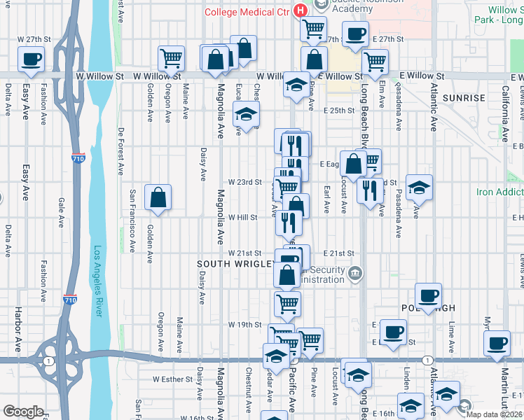 map of restaurants, bars, coffee shops, grocery stores, and more near 2240 Chestnut Avenue in Long Beach