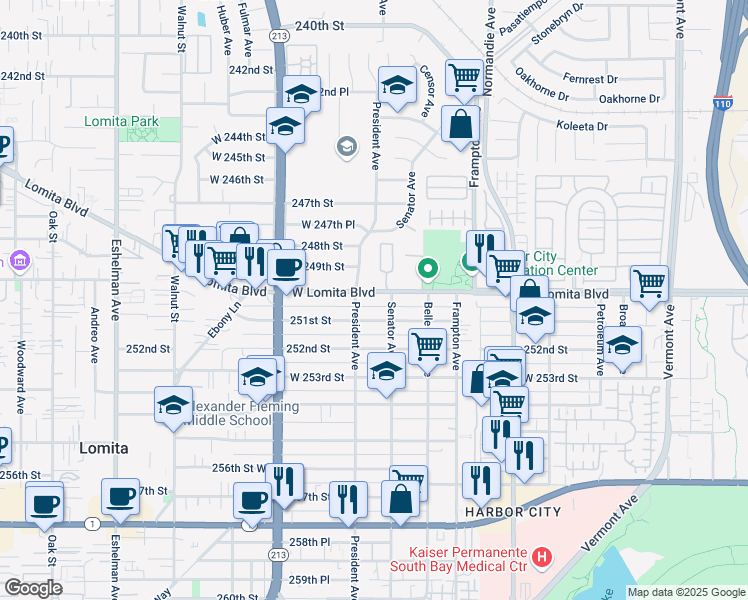 map of restaurants, bars, coffee shops, grocery stores, and more near 1535 Lomita Boulevard in Los Angeles