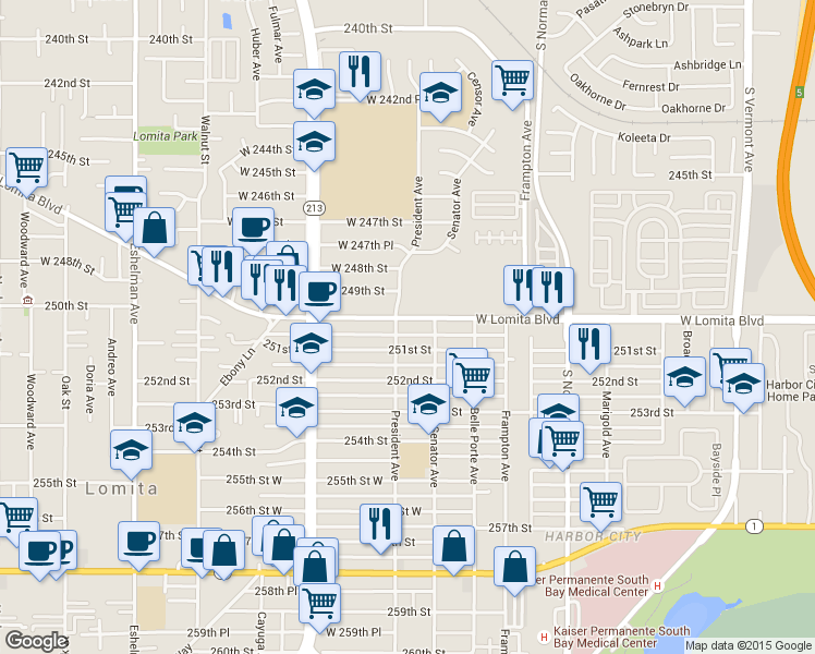 map of restaurants, bars, coffee shops, grocery stores, and more near 1535 Lomita Boulevard in Los Angeles