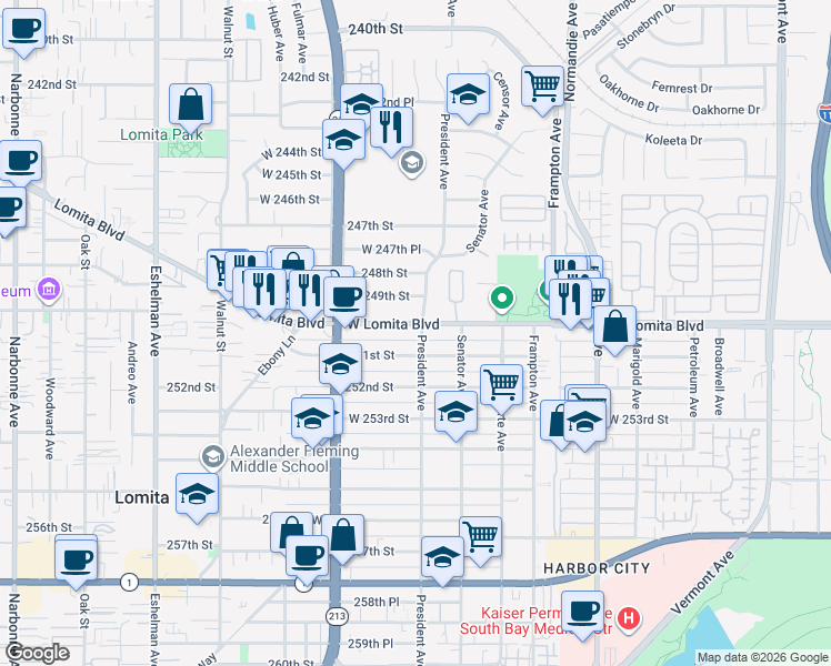 map of restaurants, bars, coffee shops, grocery stores, and more near 1602 Lomita Boulevard in Los Angeles
