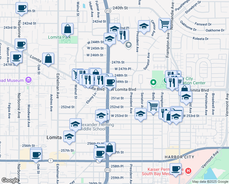 map of restaurants, bars, coffee shops, grocery stores, and more near 24930 California 213 in Los Angeles