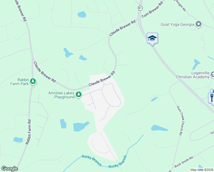 map of restaurants, bars, coffee shops, grocery stores, and more near 302 Annslee Circle in Loganville