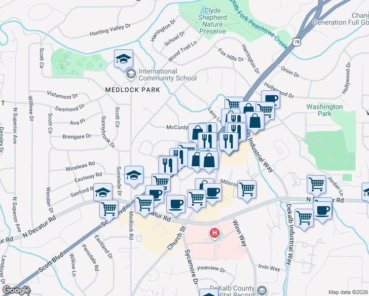 map of restaurants, bars, coffee shops, grocery stores, and more near 422 Tuxworth Circle in Decatur