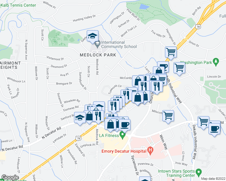 map of restaurants, bars, coffee shops, grocery stores, and more near 715 Tuxworth Circle in Decatur