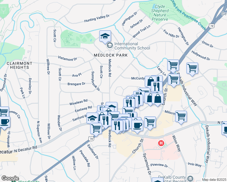 map of restaurants, bars, coffee shops, grocery stores, and more near 1205 McClelen Way in Decatur