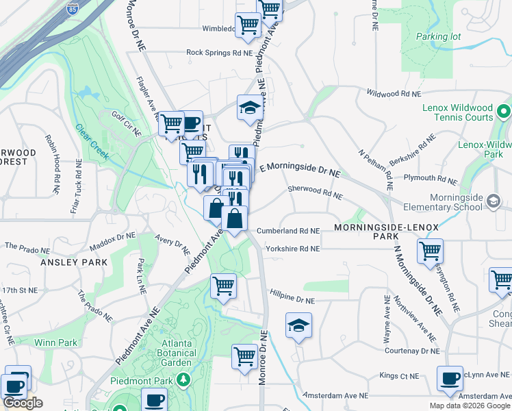 map of restaurants, bars, coffee shops, grocery stores, and more near 1599 Piedmont Avenue Northeast in Atlanta