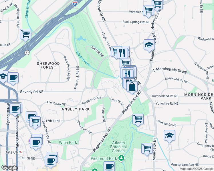 map of restaurants, bars, coffee shops, grocery stores, and more near 155 Avery Drive Northeast in Atlanta