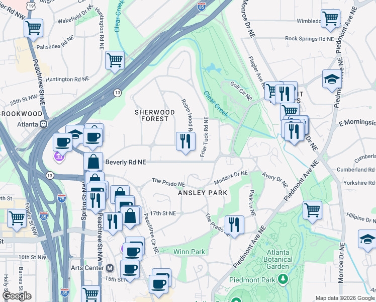 map of restaurants, bars, coffee shops, grocery stores, and more near 200 Robin Hood Road Northeast in Atlanta