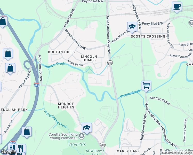 map of restaurants, bars, coffee shops, grocery stores, and more near 2842 Marco Drive Northwest in Atlanta