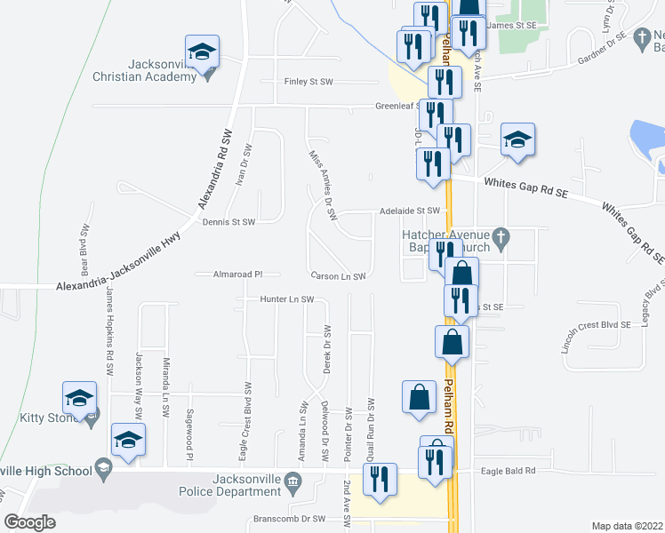 map of restaurants, bars, coffee shops, grocery stores, and more near 603 Elizabeth Road Southwest in Jacksonville