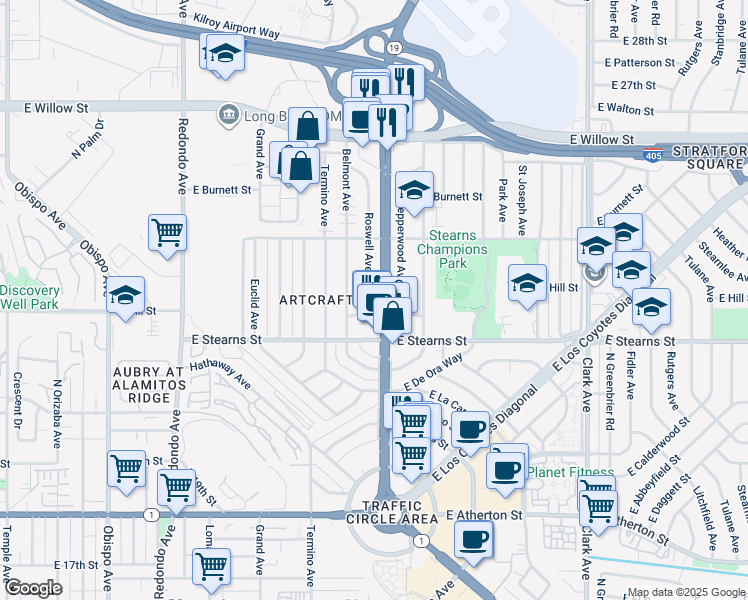 map of restaurants, bars, coffee shops, grocery stores, and more near 2238 Roswell Avenue in Long Beach
