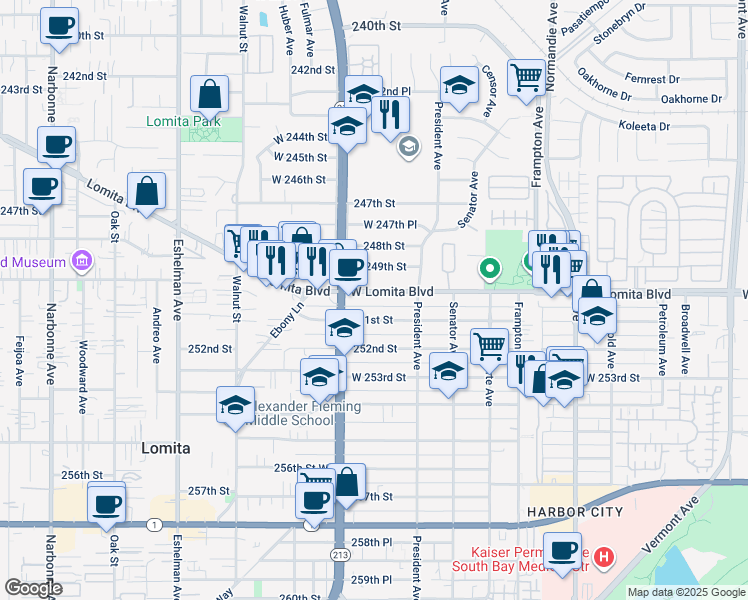 map of restaurants, bars, coffee shops, grocery stores, and more near 1656 Lomita Boulevard in Los Angeles