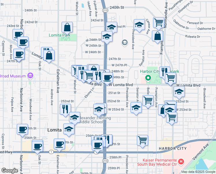 map of restaurants, bars, coffee shops, grocery stores, and more near 1680 Lomita Boulevard in Los Angeles