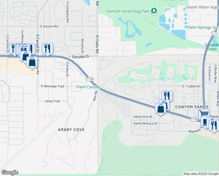 map of restaurants, bars, coffee shops, grocery stores, and more near 451 Desert Lakes Drive in Palm Springs