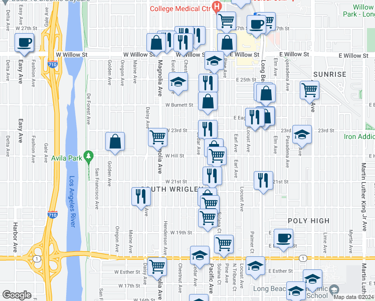 map of restaurants, bars, coffee shops, grocery stores, and more near 2214 Chestnut Avenue in Long Beach