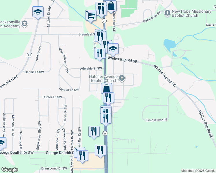 map of restaurants, bars, coffee shops, grocery stores, and more near 1318 Pelham Road South in Jacksonville