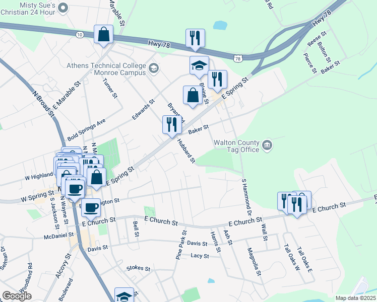 map of restaurants, bars, coffee shops, grocery stores, and more near 110 Baker Street in Monroe