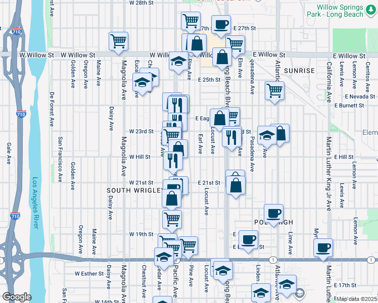 map of restaurants, bars, coffee shops, grocery stores, and more near 2219 Pine Avenue in Long Beach