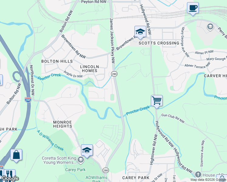 map of restaurants, bars, coffee shops, grocery stores, and more near 1651 James Jackson Parkway Northwest in Atlanta