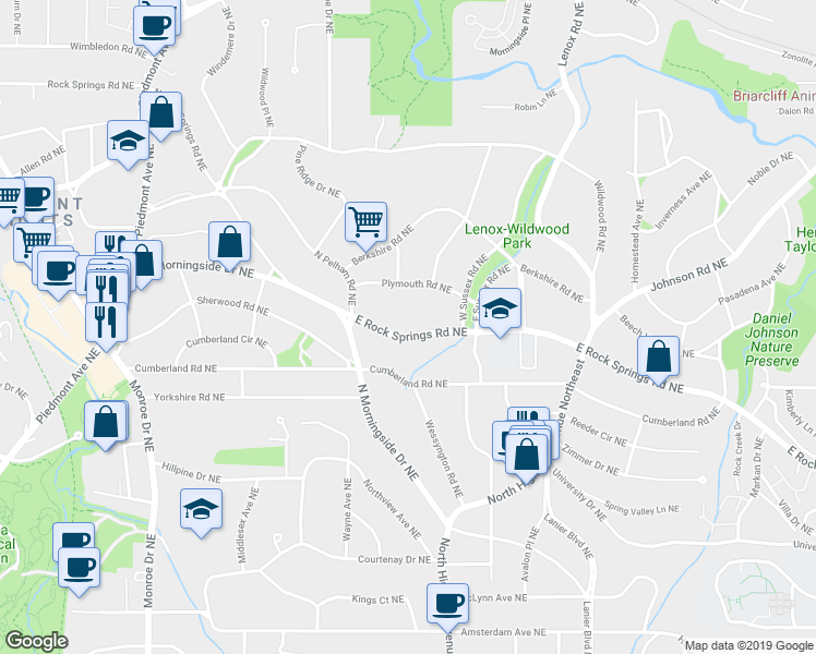 map of restaurants, bars, coffee shops, grocery stores, and more near 920 East Rock Springs Road Northeast in Atlanta