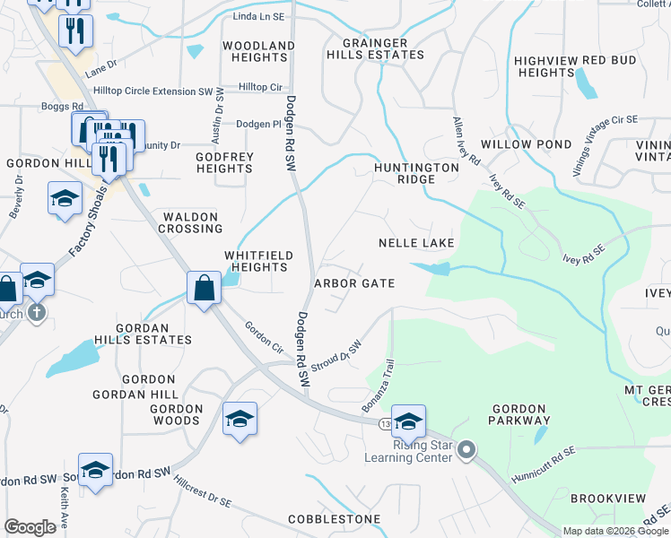 map of restaurants, bars, coffee shops, grocery stores, and more near 6450 Arbor Gate Drive Southwest in Mableton