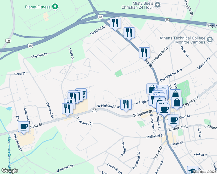 map of restaurants, bars, coffee shops, grocery stores, and more near 418 Walton Street in Monroe