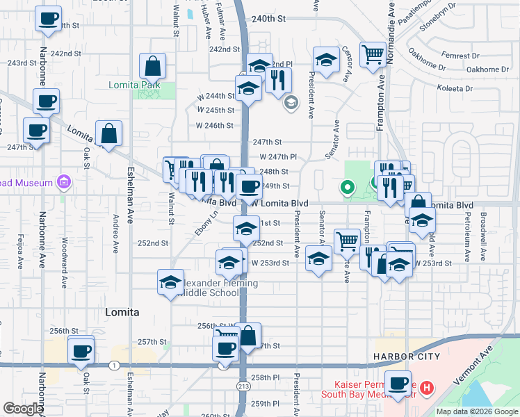 map of restaurants, bars, coffee shops, grocery stores, and more near 1666 Lomita Boulevard in Los Angeles