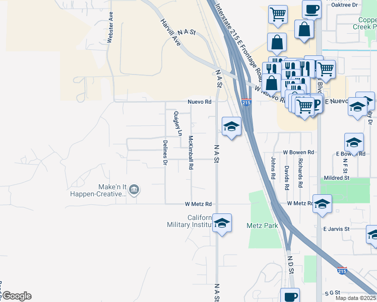 map of restaurants, bars, coffee shops, grocery stores, and more near 505 Fair Park Way in Perris