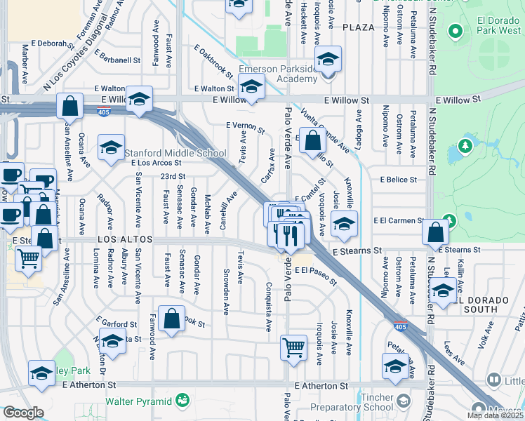 map of restaurants, bars, coffee shops, grocery stores, and more near 2264 Carfax Avenue in Long Beach