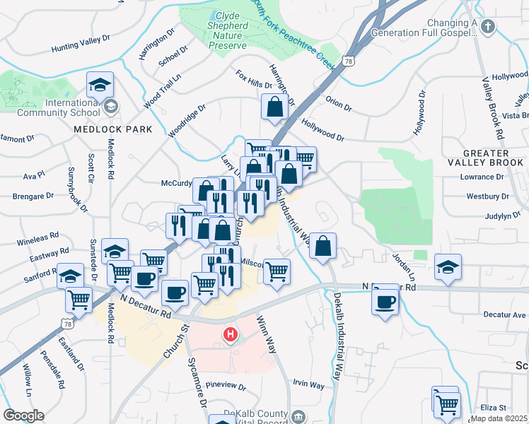 map of restaurants, bars, coffee shops, grocery stores, and more near 1709 Church Street in Decatur