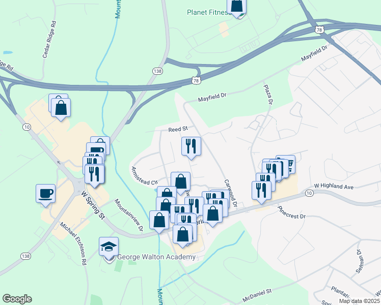 map of restaurants, bars, coffee shops, grocery stores, and more near 1138 Reed Court in Monroe