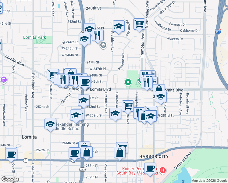 map of restaurants, bars, coffee shops, grocery stores, and more near 1506 West Lomita Boulevard in Los Angeles