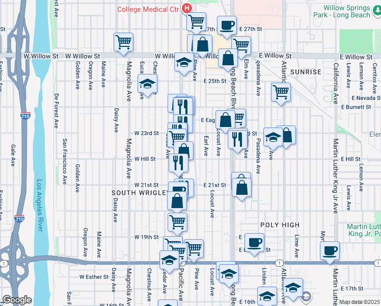 map of restaurants, bars, coffee shops, grocery stores, and more near 2219 Pine Avenue in Long Beach