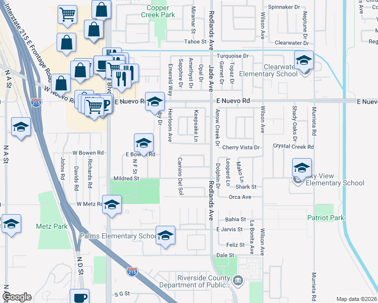 map of restaurants, bars, coffee shops, grocery stores, and more near 329 Recognition Lane in Perris