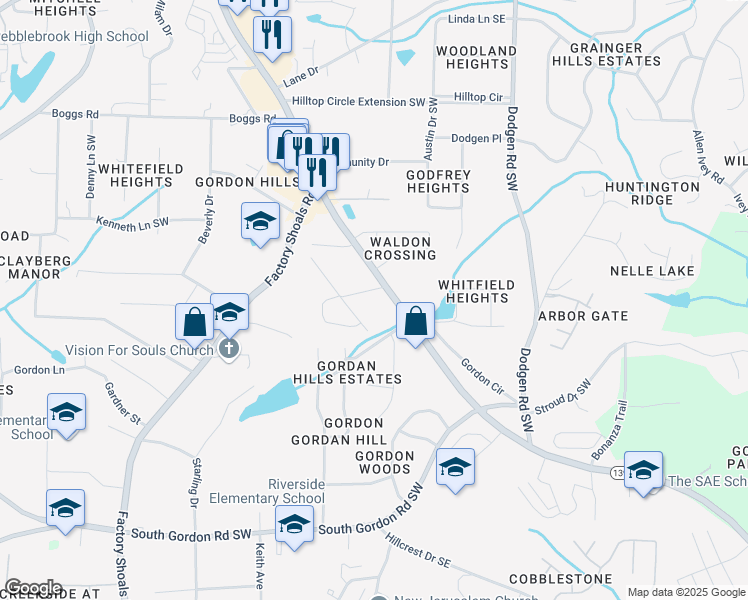 map of restaurants, bars, coffee shops, grocery stores, and more near 6410 Mableton Parkway Southwest in Mableton
