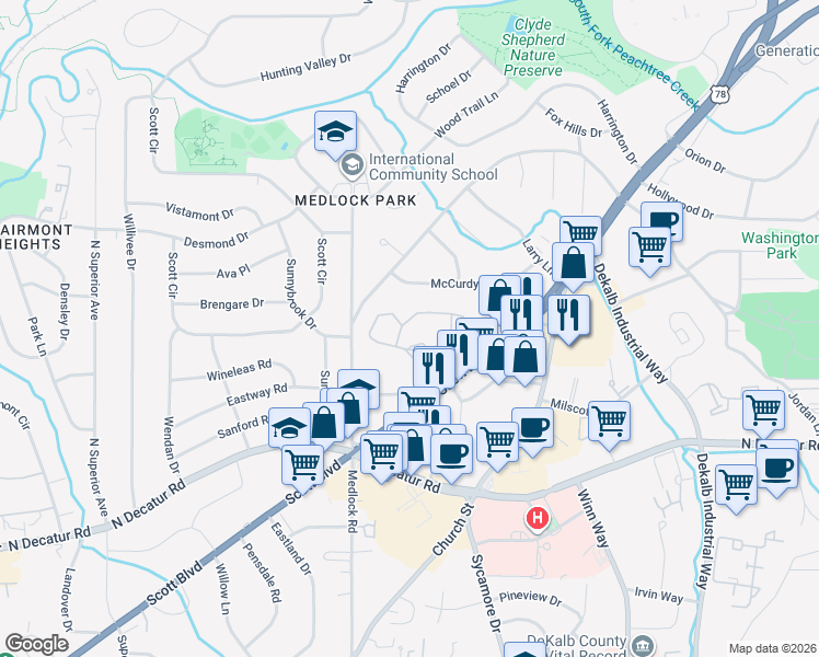 map of restaurants, bars, coffee shops, grocery stores, and more near 715 Tuxworth Circle in Decatur