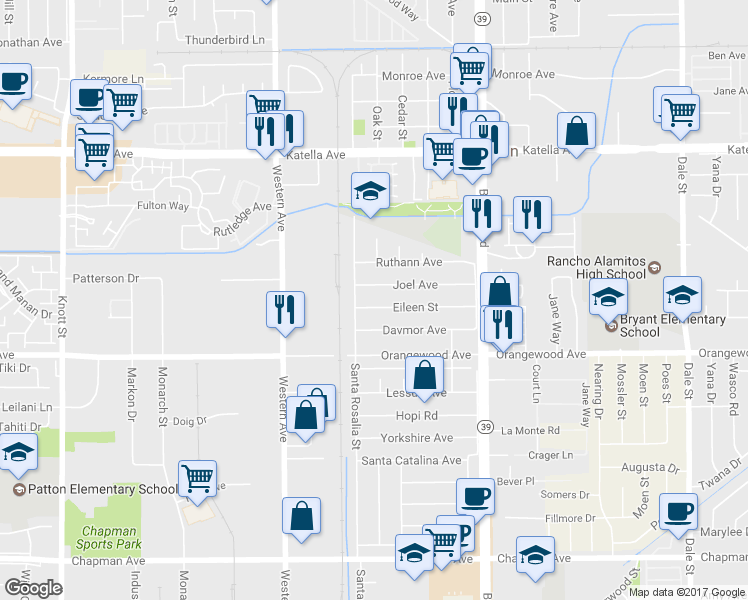 map of restaurants, bars, coffee shops, grocery stores, and more near 7711 Eileen Street in Stanton