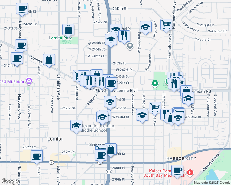 map of restaurants, bars, coffee shops, grocery stores, and more near 24930 California 213 in Los Angeles