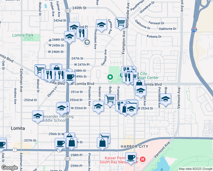 map of restaurants, bars, coffee shops, grocery stores, and more near 1414 Lomita Boulevard in Los Angeles