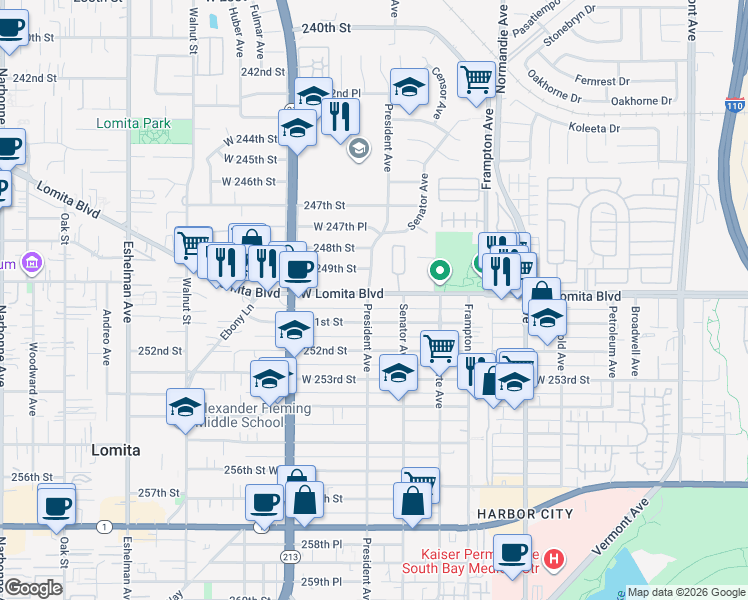 map of restaurants, bars, coffee shops, grocery stores, and more near 1535 Lomita Boulevard in Los Angeles