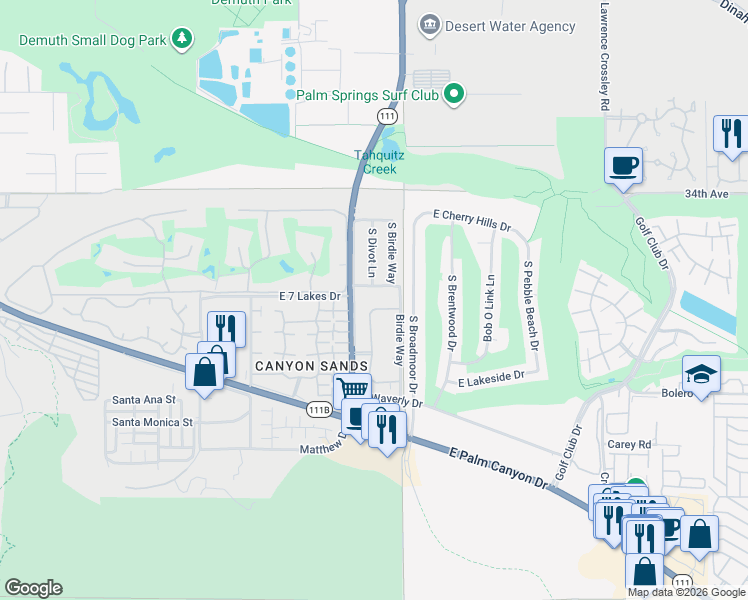 map of restaurants, bars, coffee shops, grocery stores, and more near 4850 North Winners Circle in Palm Springs