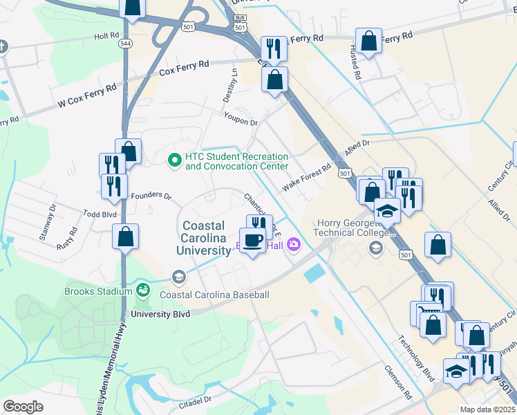 map of restaurants, bars, coffee shops, grocery stores, and more near Chanticleer Drive East in Conway