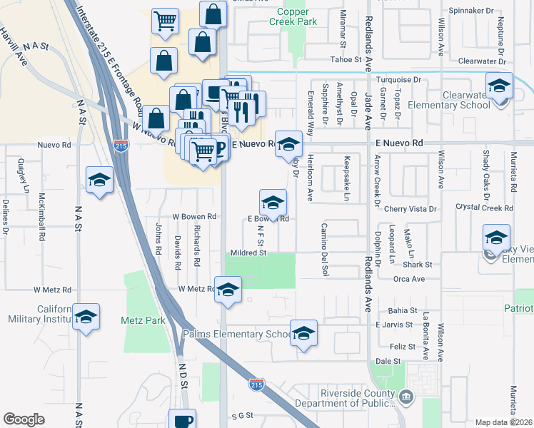 map of restaurants, bars, coffee shops, grocery stores, and more near 132 East Bowen Road in Perris