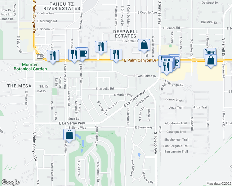 map of restaurants, bars, coffee shops, grocery stores, and more near 1160 East Marion Way in Palm Springs