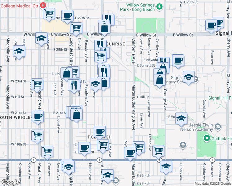 map of restaurants, bars, coffee shops, grocery stores, and more near 2225 Olive Avenue in Long Beach