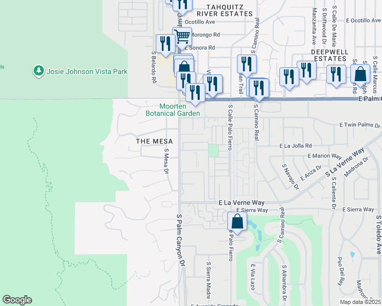 map of restaurants, bars, coffee shops, grocery stores, and more near 1900 South Palm Canyon Drive in Palm Springs
