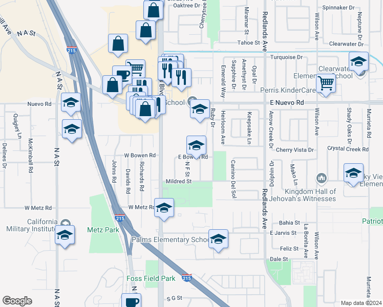 map of restaurants, bars, coffee shops, grocery stores, and more near 122 East Bowen Road in Perris