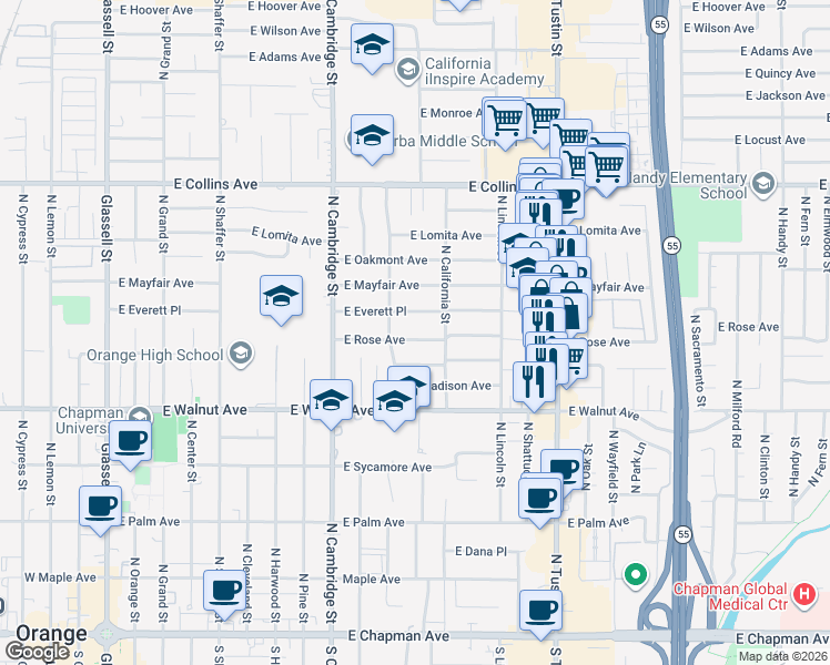 map of restaurants, bars, coffee shops, grocery stores, and more near 1124 East Everett Place in Orange
