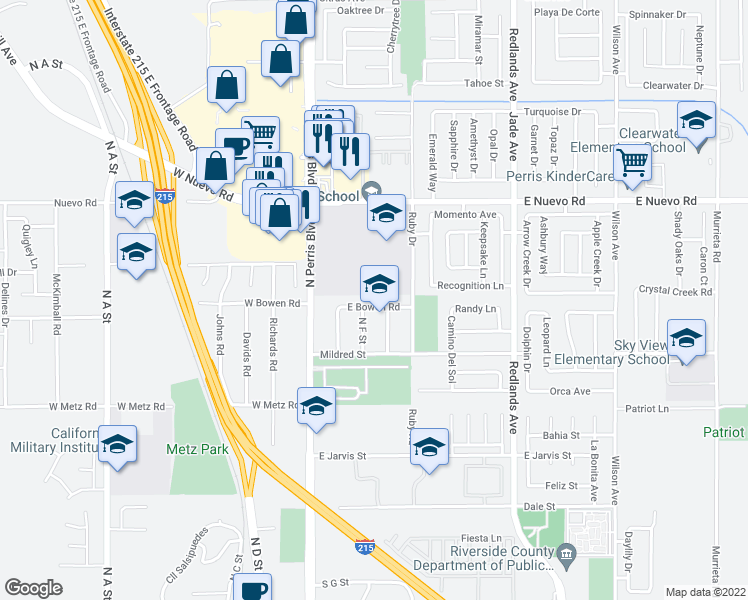 map of restaurants, bars, coffee shops, grocery stores, and more near 132 East Bowen Road in Perris